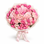Sicily in Pink, pink hydrangea, ruffled pink blooms and bright-pink roses in off-white wrapping