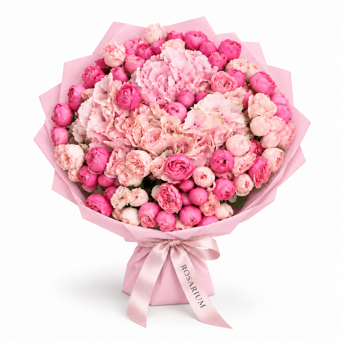 Sicily in Pink, pink hydrangea, ruffled pink blooms and bright-pink roses in light pink wrapping