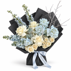 White on Ice, white and pale-blue roses, blue stock and delphinium in black wrapping