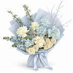 White on Ice, white and pale-blue roses, blue stock and delphinium in blue wrapping