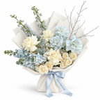 White on Ice, white and pale-blue roses, blue stock and delphinium in off-white wrapping