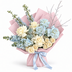White on Ice, white and pale-blue roses, blue stock and delphinium in light pink wrapping