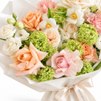 Spring Fling, peach, pink and white roses with small white blooms, floral detail