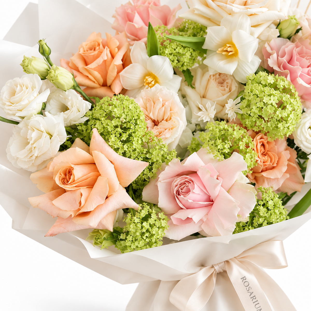Spring Fling, peach, pink and white roses with small white blooms, floral detail