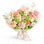 Spring Fling, peach, pink and white roses with small white blooms in off-white wrapping