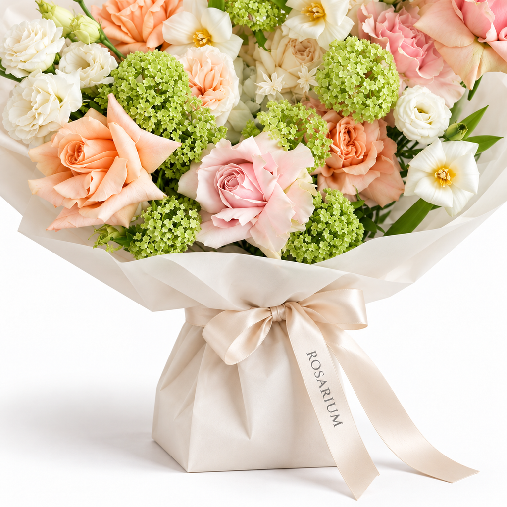 Spring Fling, peach, pink and white roses with small white blooms, packaging detail