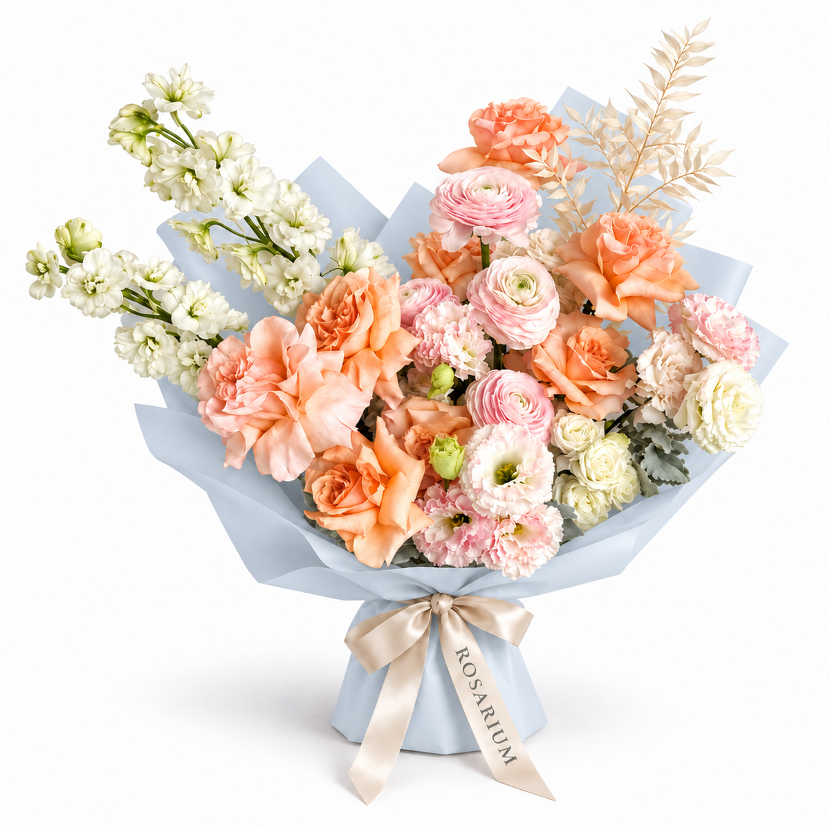 Peach in Bloom, peach roses, blush ranunculus, white stock and cream blooms in blue wrapping