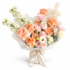 Peach in Bloom, peach roses, blush ranunculus, white stock and cream blooms in off-white wrapping