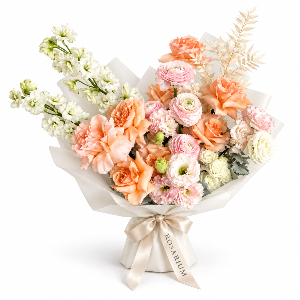 Peach in Bloom, peach roses, blush ranunculus, white stock and cream blooms in off-white wrapping