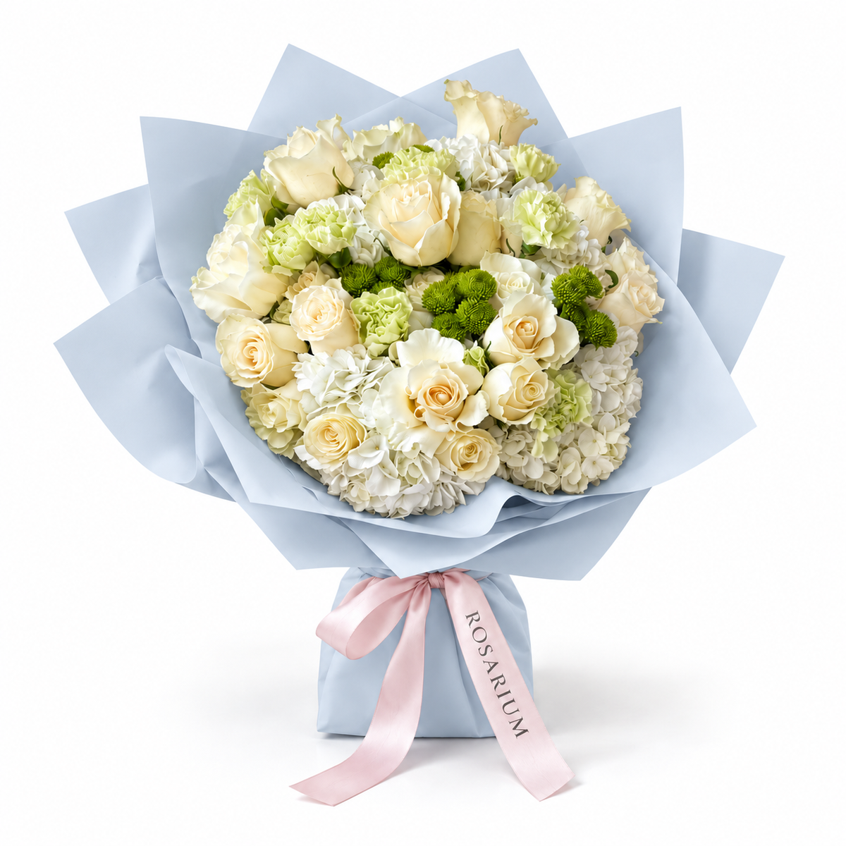 Buttercream Spring, cream and pale-yellow roses with white hydrangea in blue wrapping