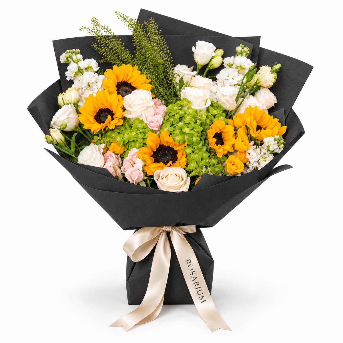 Sunshine Chorus, sunflowers, green hydrangea, pink and yellow spray roses and white stock in black wrapping