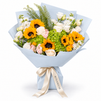 Sunshine Chorus, sunflowers, green hydrangea, pink and yellow spray roses and white stock in blue wrapping