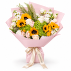Sunshine Chorus, sunflowers, green hydrangea, pink and yellow spray roses and white stock in light pink wrapping