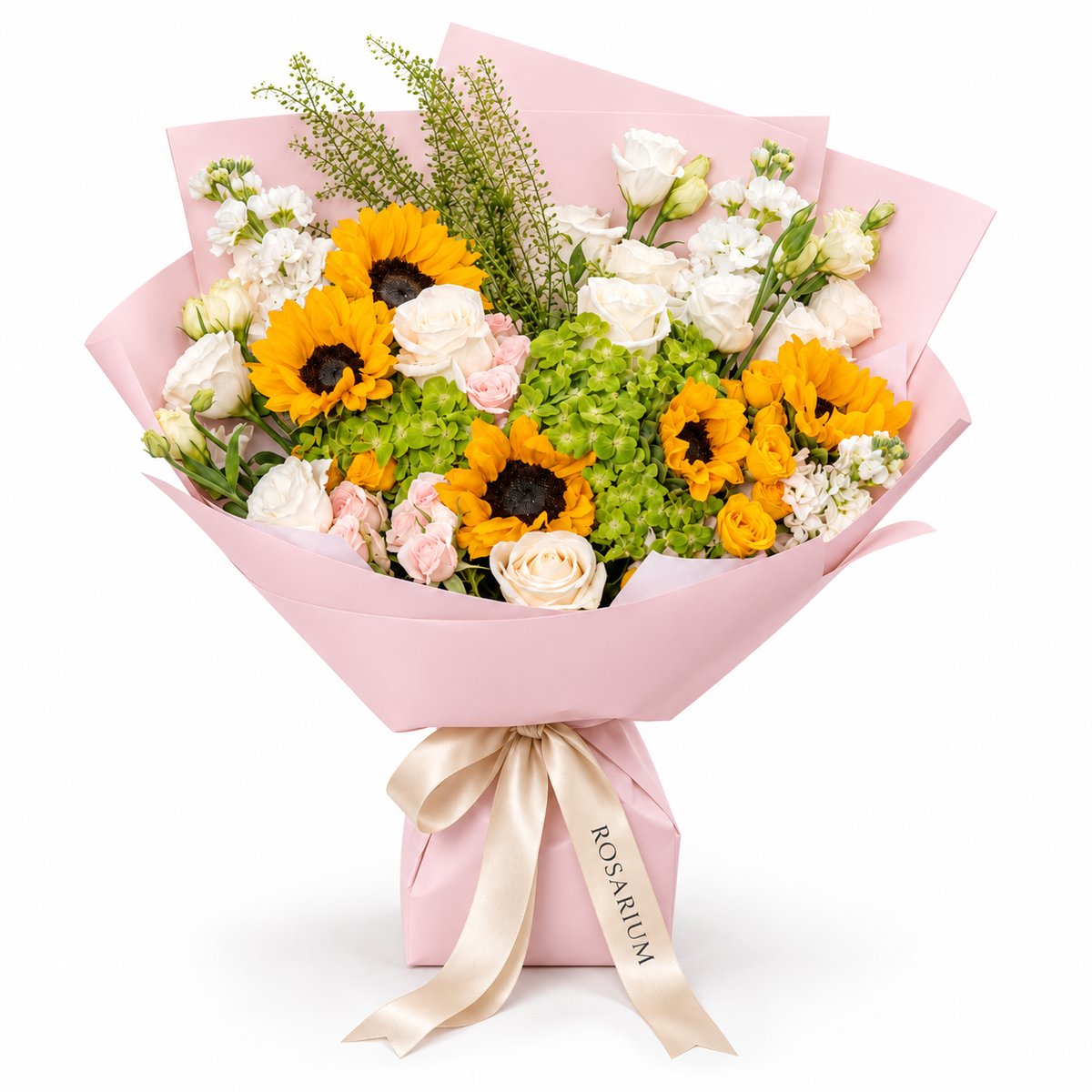 Sunshine Chorus, sunflowers, green hydrangea, pink and yellow spray roses and white stock in light pink wrapping
