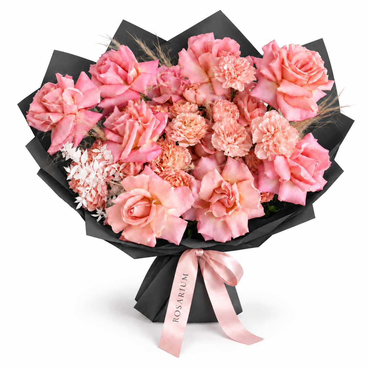 Tuscan Afterglow, peach and salmon roses and carnations in black wrapping