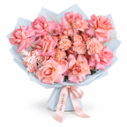 Tuscan Afterglow, peach and salmon roses and carnations in blue wrapping