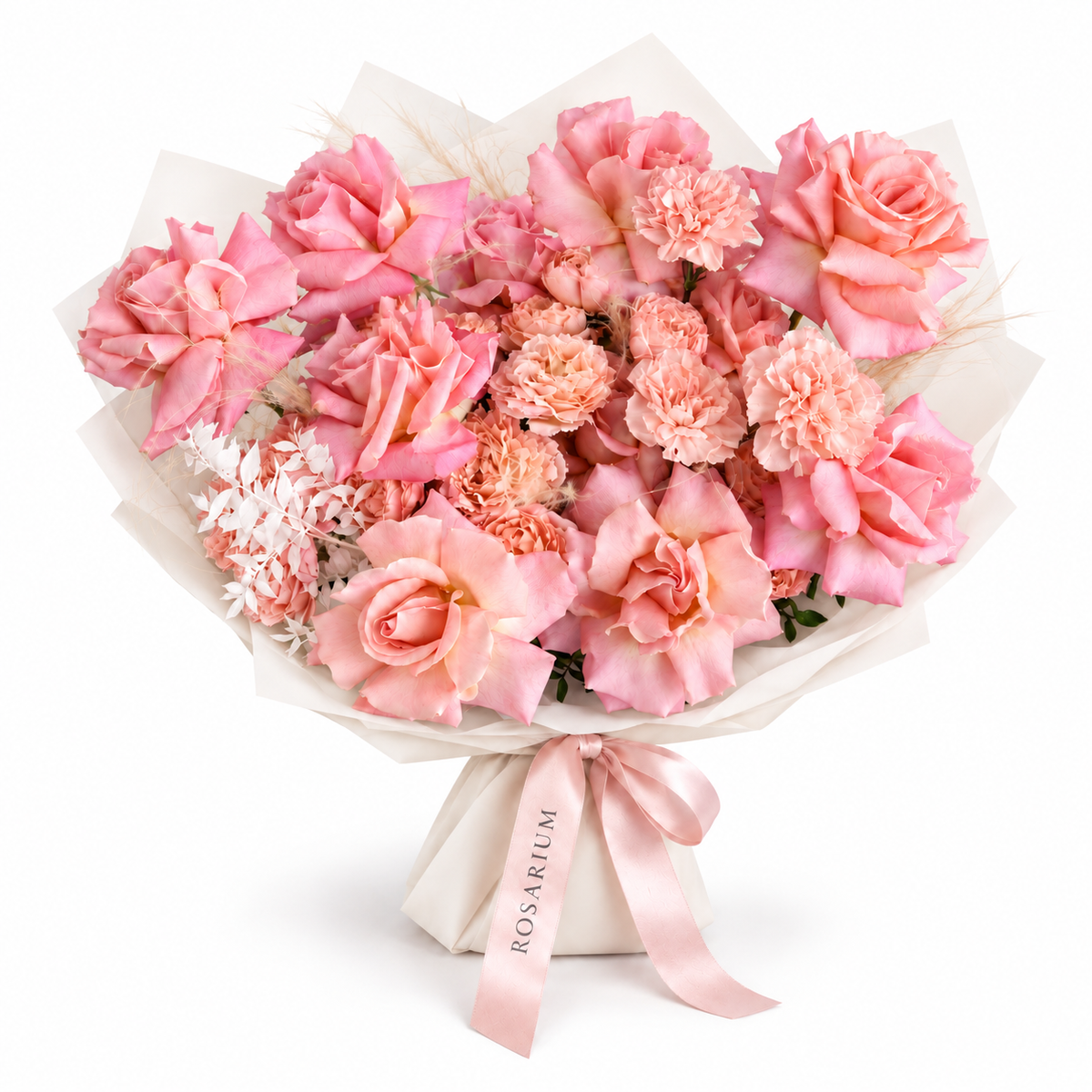 Tuscan Afterglow, peach and salmon roses and carnations in off-white wrapping