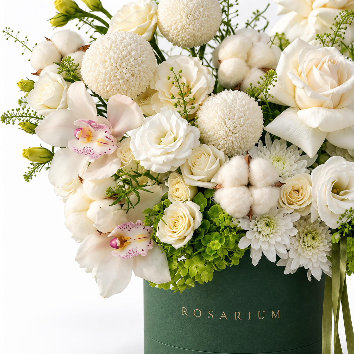 Ivory & Moss floral detail, ivory roses, white orchids, white chrysanthemums, cotton bolls and green hydrangea in a forest green Rosarium box