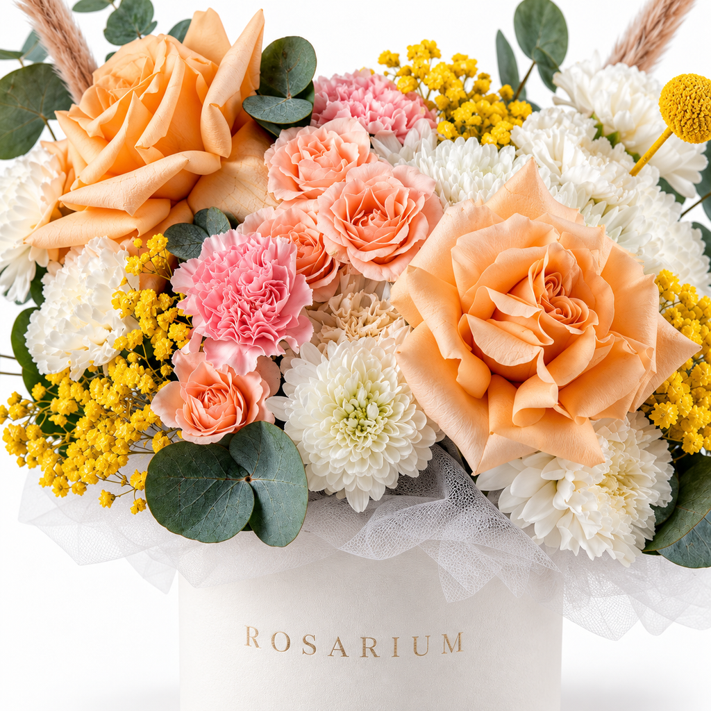 Peachy Magic floral detail, white chrysanthemums, peach roses, pink carnations, peach spray roses and yellow craspedia in a off-white Rosarium box