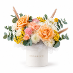 Peachy Magic main view, white chrysanthemums, peach roses, pink carnations, peach spray roses and yellow craspedia in a off-white Rosarium box