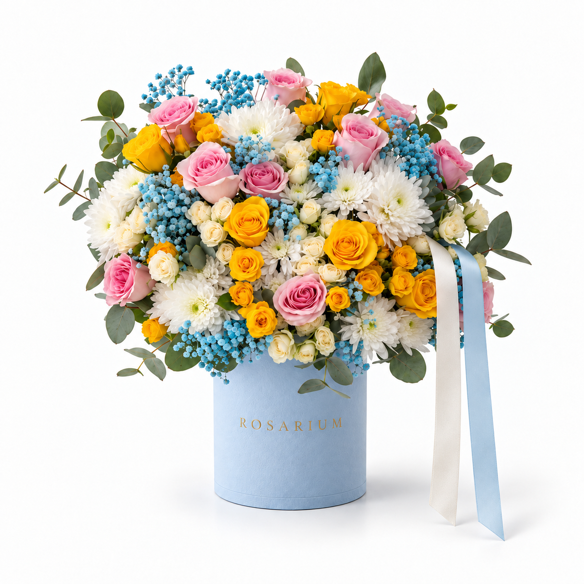 Lagoon Pop main view, yellow and pink roses, white chrysanthemums and bright-blue filler flowers in a blue Rosarium box