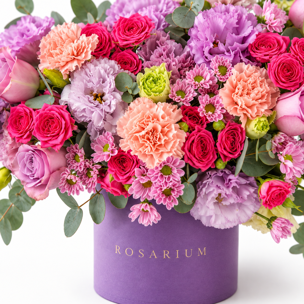 Lilac Royalty floral detail, magenta and lavender roses, ruffled lilac blooms, peach carnations and pink chrysanthemums in a muted lavender Rosarium box