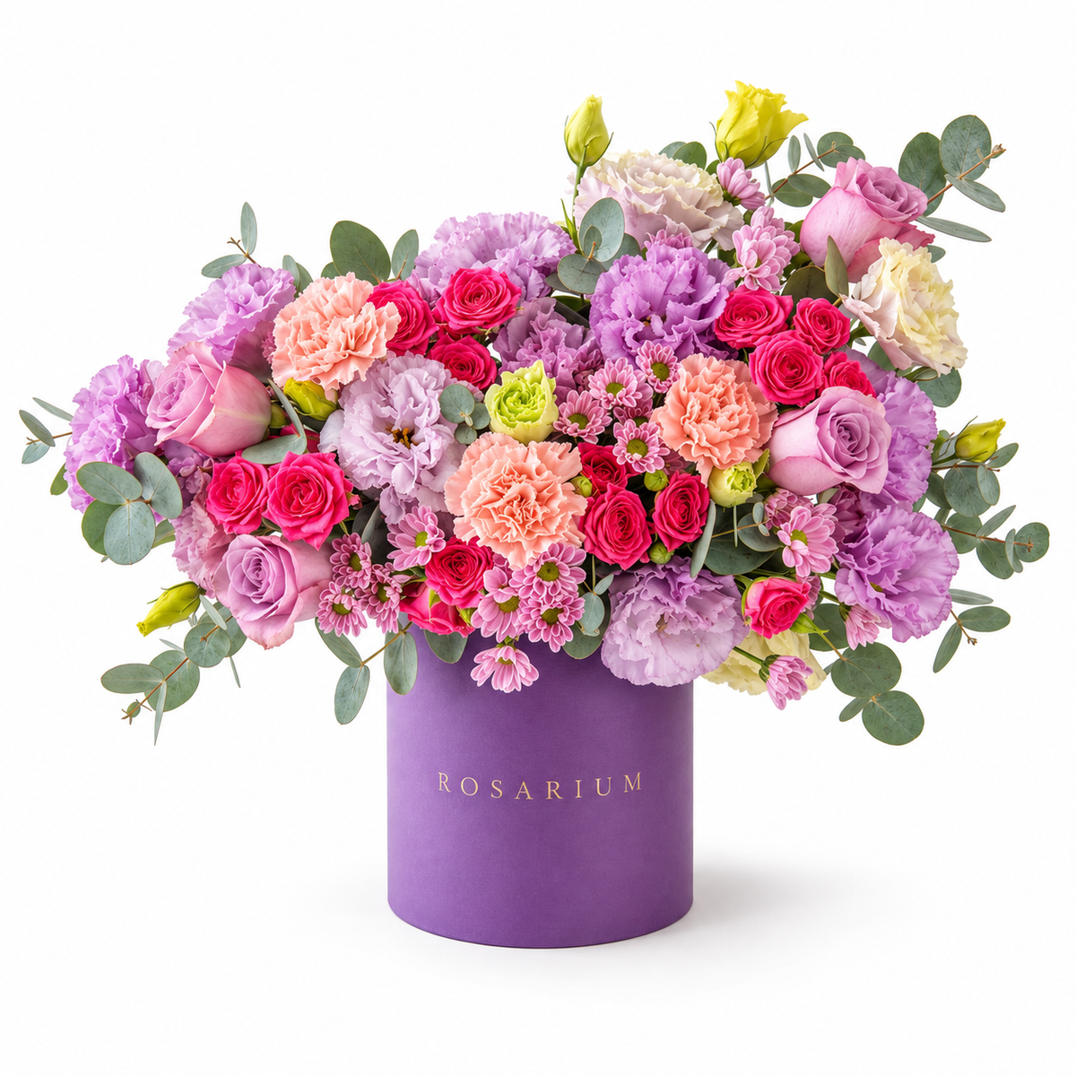 Lilac Royalty main view, magenta and lavender roses, ruffled lilac blooms, peach carnations and pink chrysanthemums in a muted lavender Rosarium box