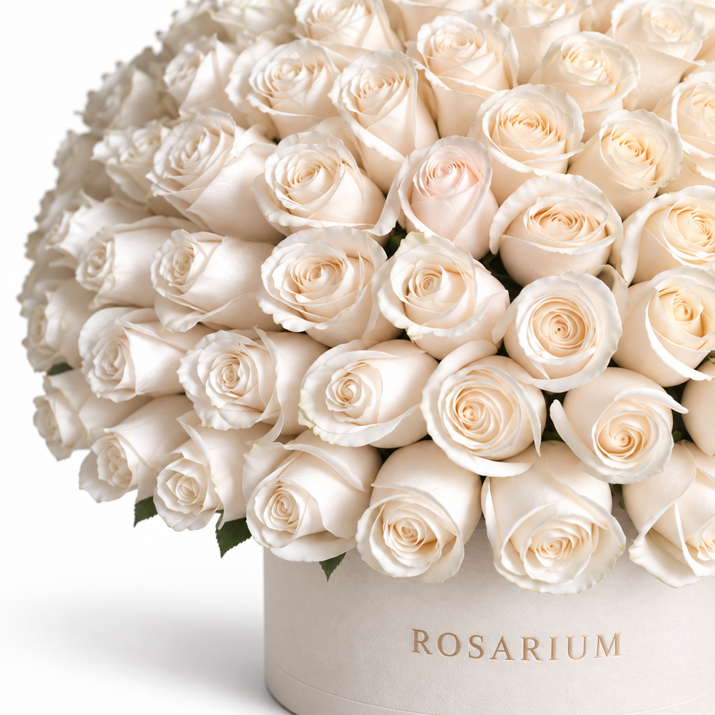White Reverie floral detail, white roses in a off-white Rosarium box