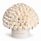 White Reverie main view, white roses in a off-white Rosarium box