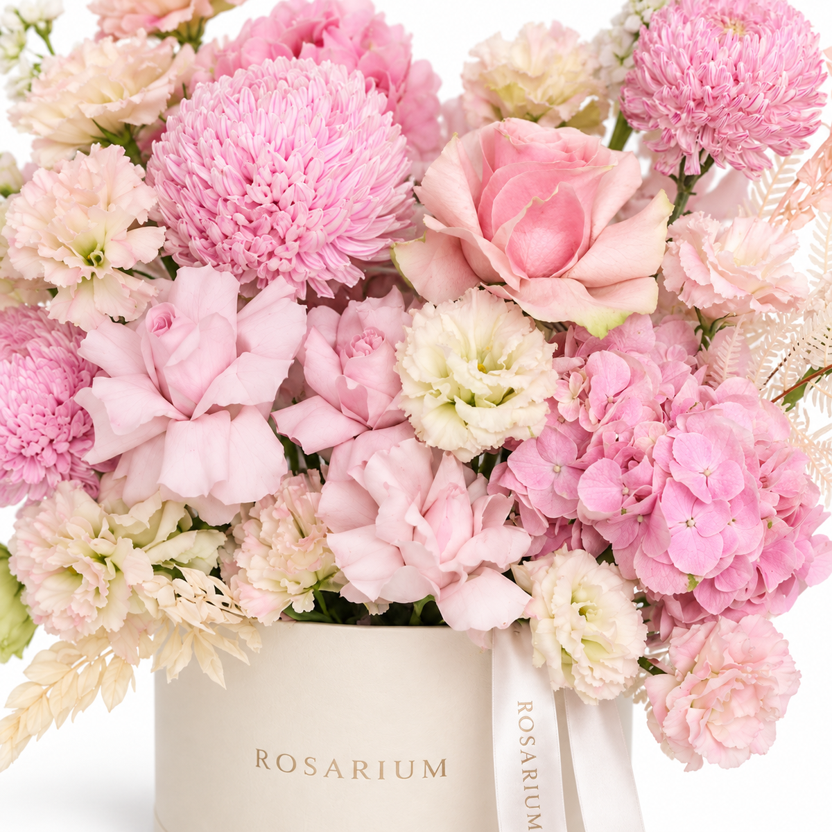 Pink in Full Bloom floral detail, blush roses, pink disbud chrysanthemums, pink hydrangea and cream lisianthus in a off-white Rosarium box