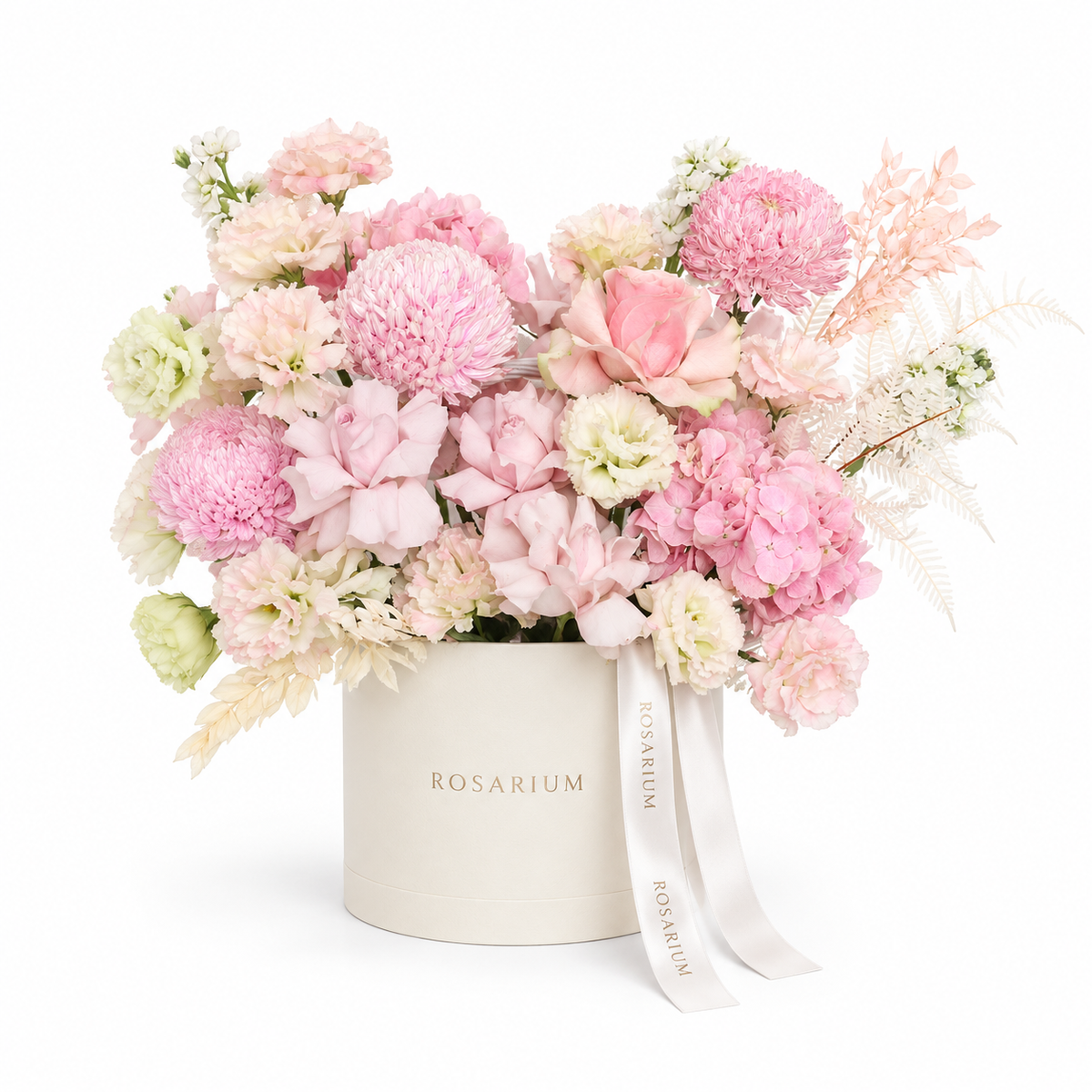 Pink in Full Bloom main view, blush roses, pink disbud chrysanthemums, pink hydrangea and cream lisianthus in a off-white Rosarium box