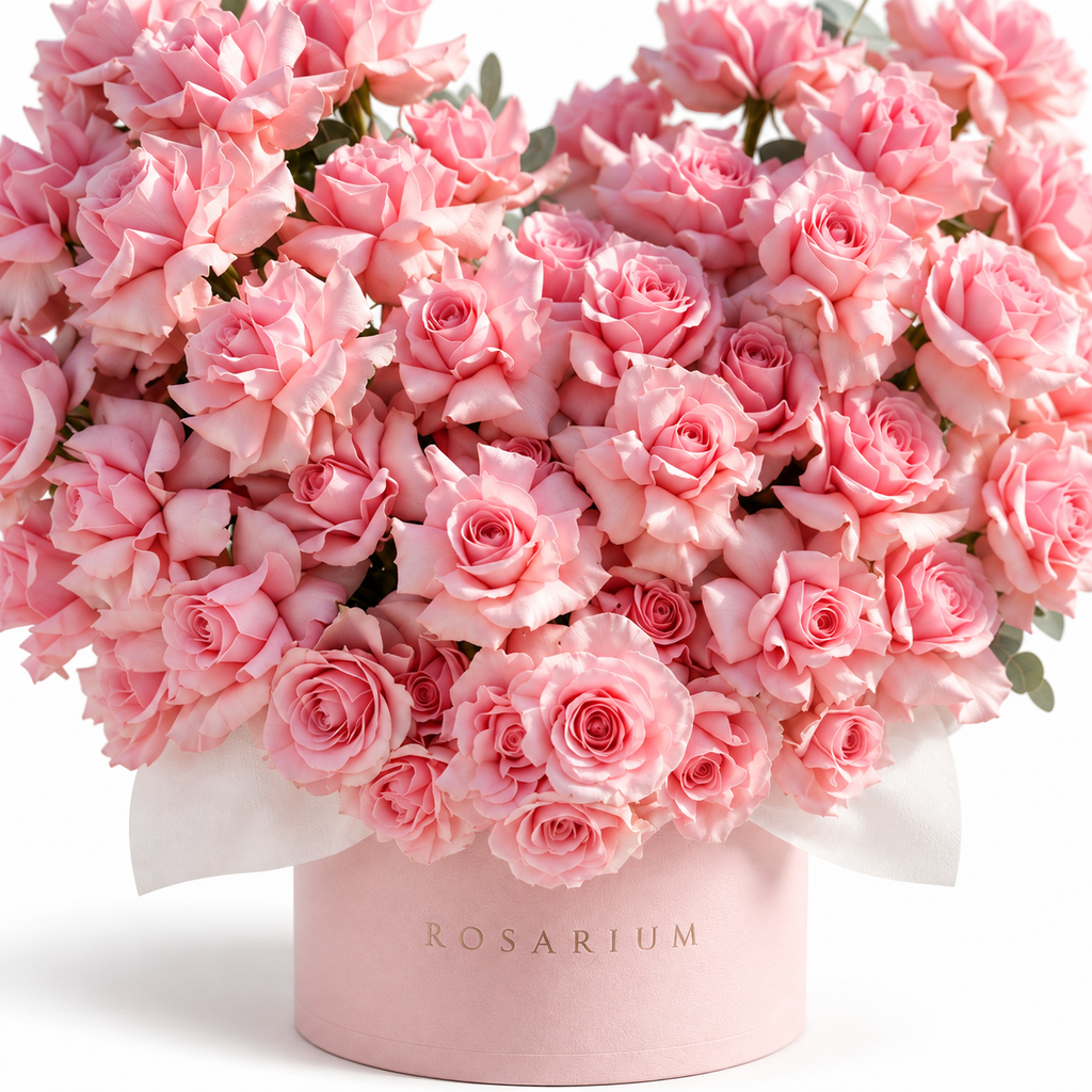 Pink-Hearted floral detail, pink roses in a light pink Rosarium box