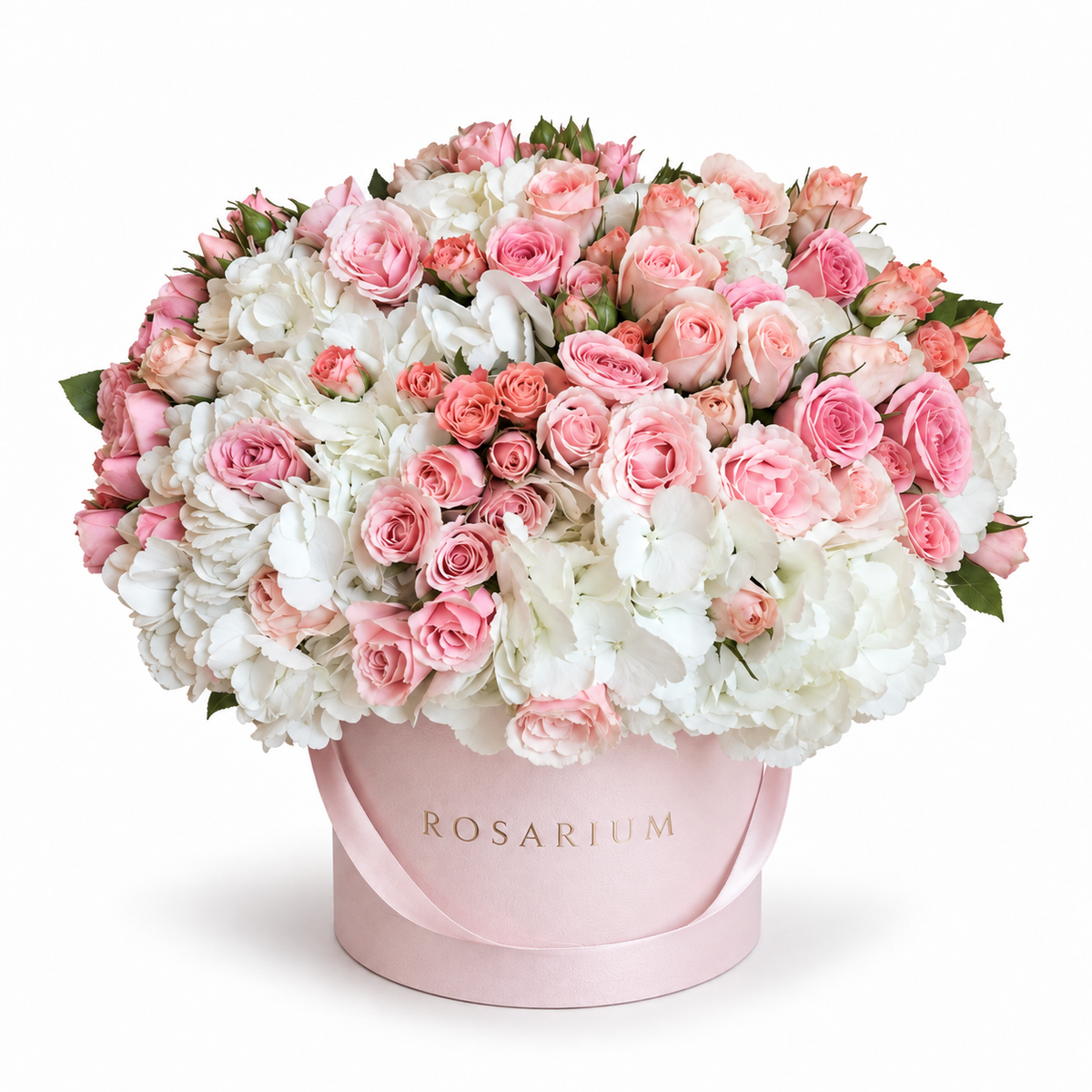 Heaven in Pink main view, pink roses, white hydrangea and pale-pink spray roses in a light pink Rosarium box