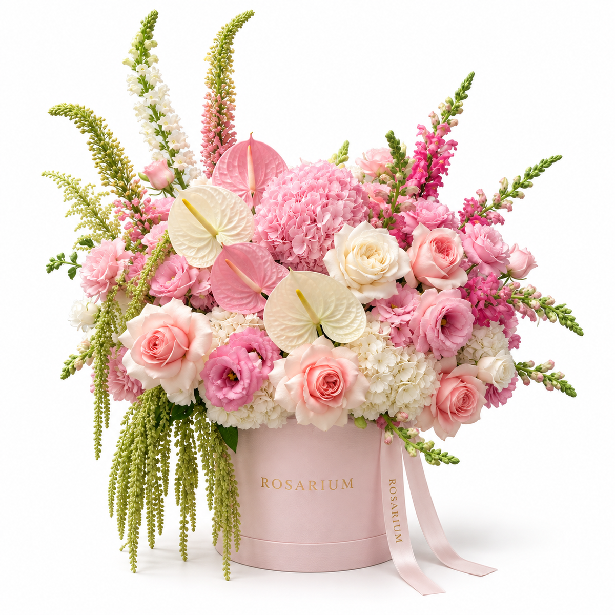 Pink, Fully Committed main view, pink and ivory roses, pink and ivory anthuriums, pink hydrangea and pink lisianthus in a light pink Rosarium box