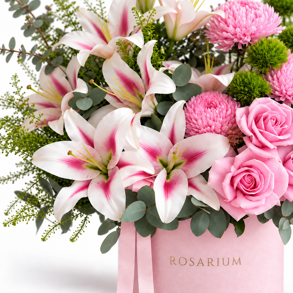 Lily Meadow floral detail, pink lilies, blush roses, pink chrysanthemums and green carnations in a light pink Rosarium box
