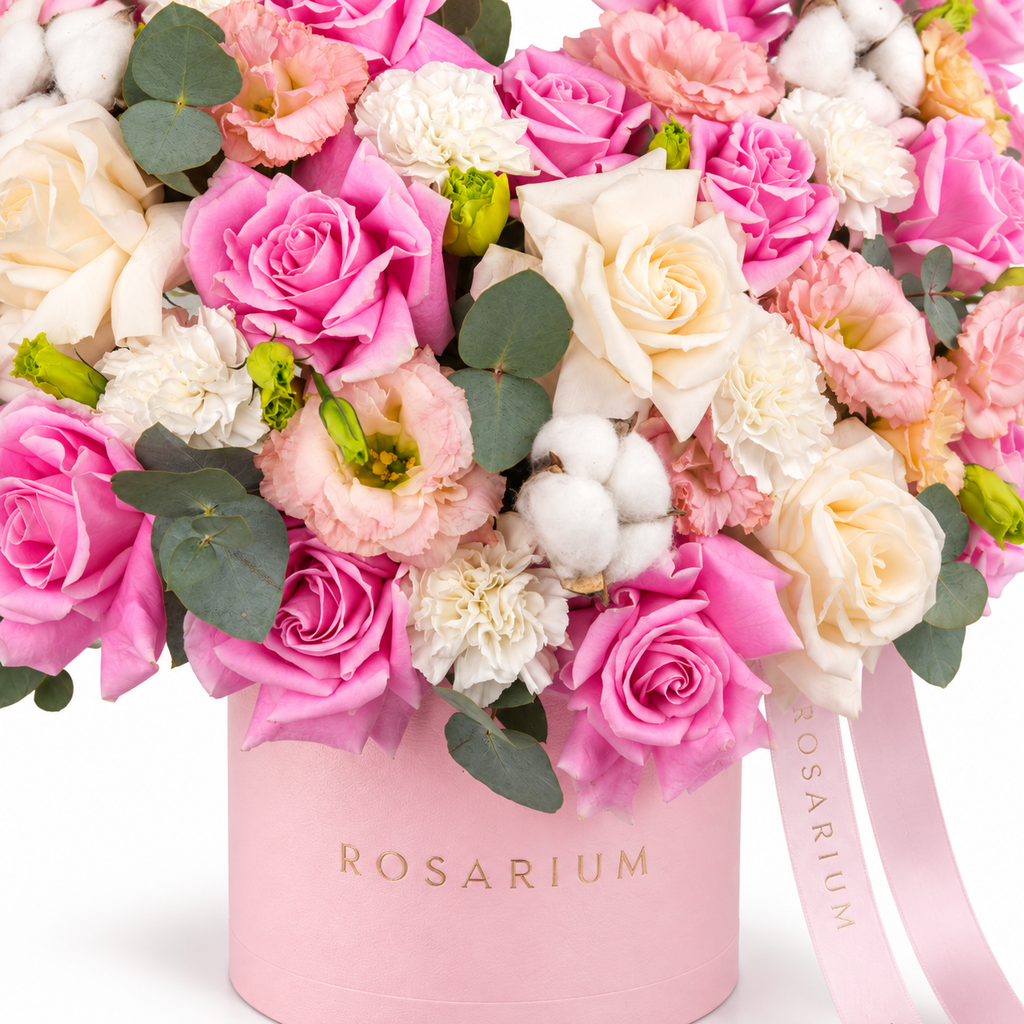 Soft-Hearted floral detail, pink and white roses, white carnations and pale-pink lisianthus in a light pink Rosarium box