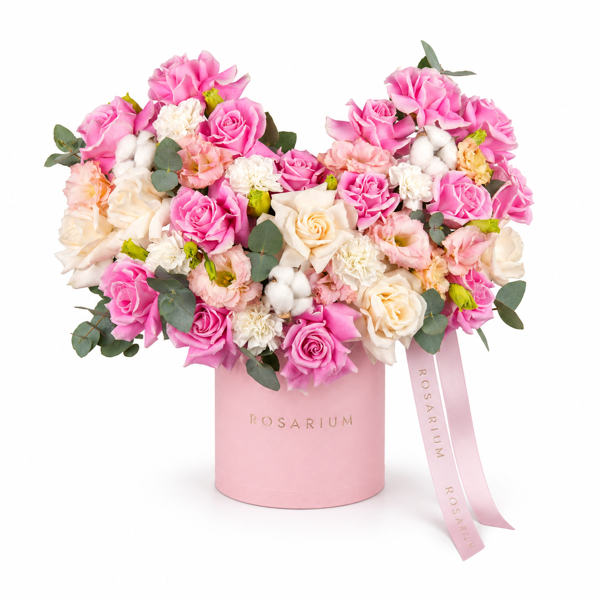 Soft-Hearted main view, pink and white roses, white carnations and pale-pink lisianthus in a light pink Rosarium box