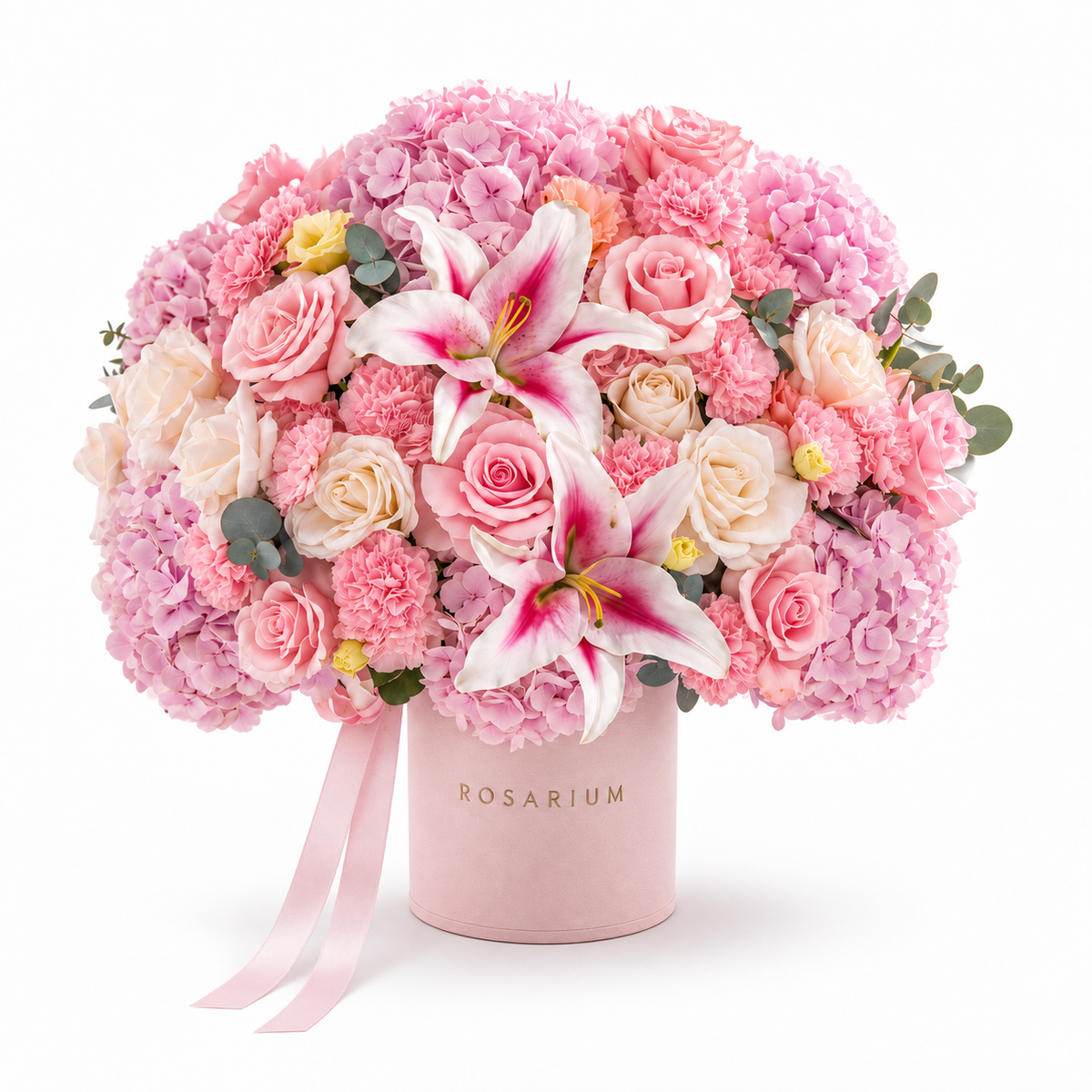 Lily Royalty main view, pink hydrangea, pink and white roses, pink carnations, pink lilies and champagne lisianthus in a light pink Rosarium box