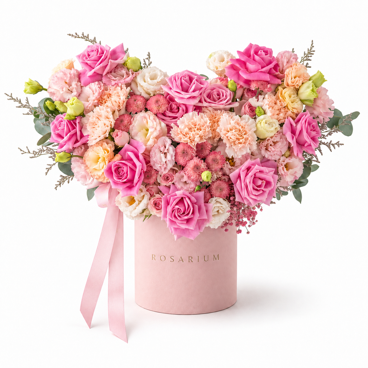 Sugar-Hearted main view, pink roses, blush spray roses, pale-pink carnations, champagne lisianthus and small chrysanthemums in a light pink Rosarium box