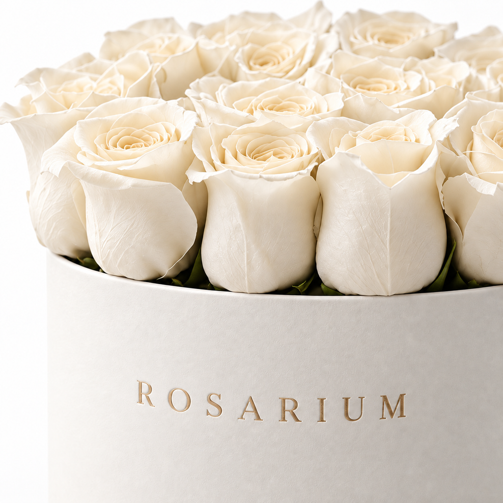 White, Simply floral detail, white roses in an off-white Rosarium box