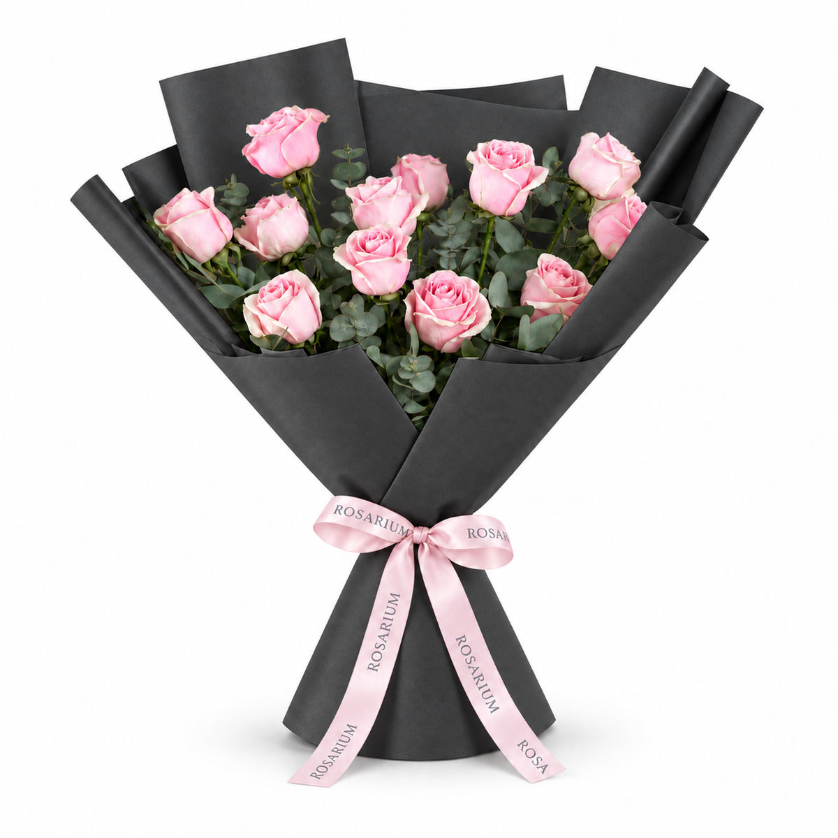 12 pink roses in black wrapping with a Rosarium ribbon