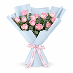 12 pink roses in blue wrapping with a Rosarium ribbon