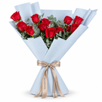 12 red roses in blue wrapping with a Rosarium ribbon