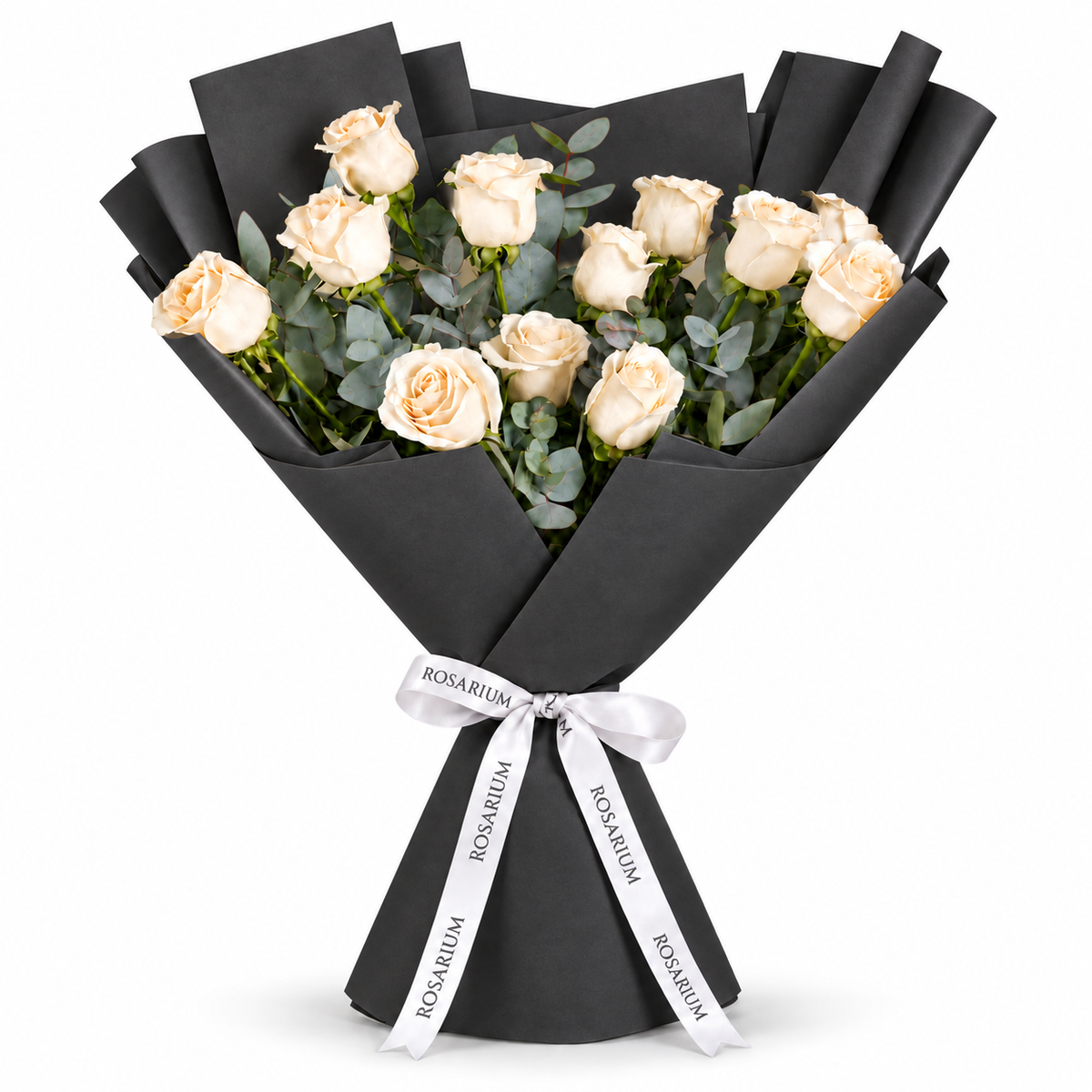 12 white roses in black wrapping with a Rosarium ribbon