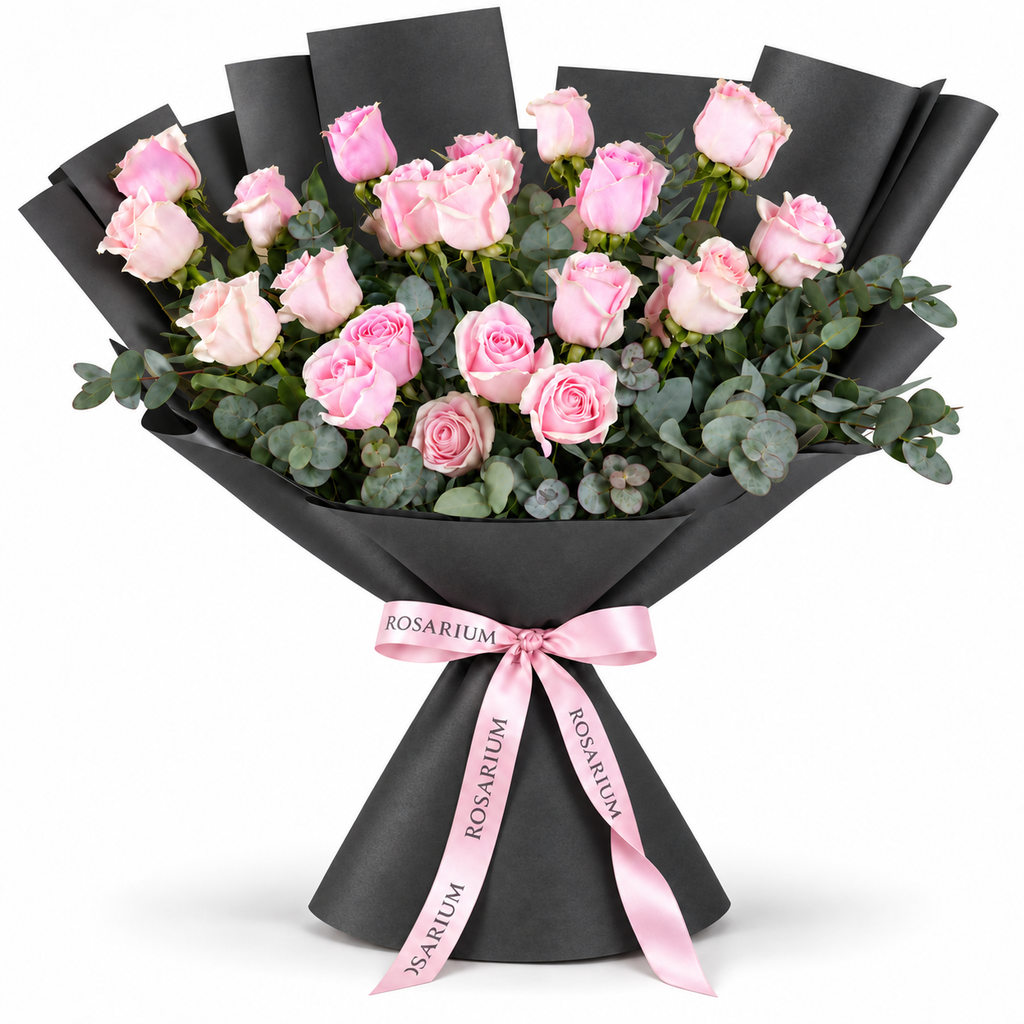 25 pink roses in black wrapping with a Rosarium ribbon