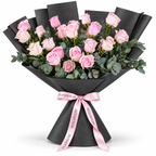 25 pink roses in black wrapping with a Rosarium ribbon