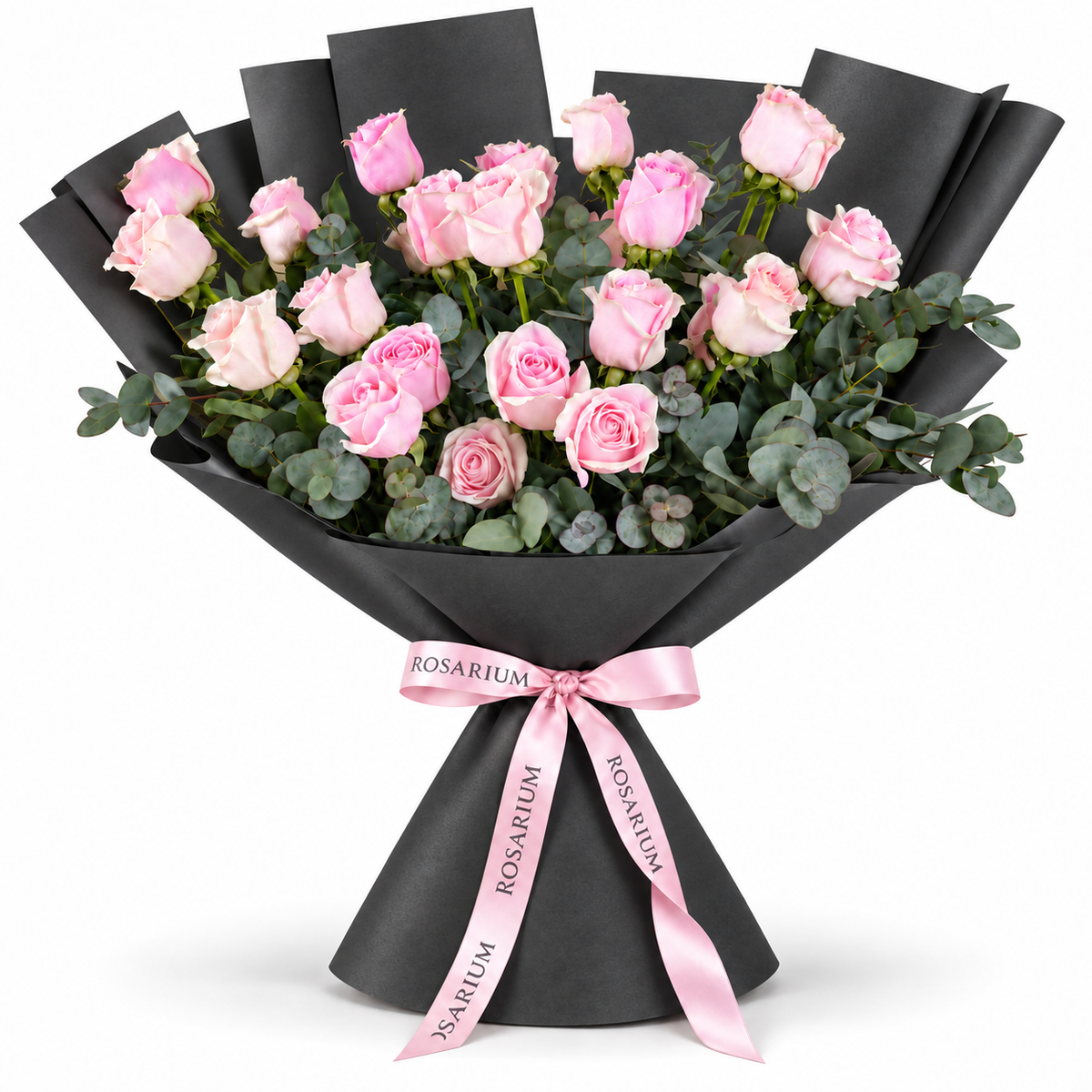 25 pink roses in black wrapping with a Rosarium ribbon