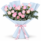 25 pink roses in blue wrapping with a Rosarium ribbon