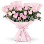 25 pink roses in light pink wrapping with a Rosarium ribbon