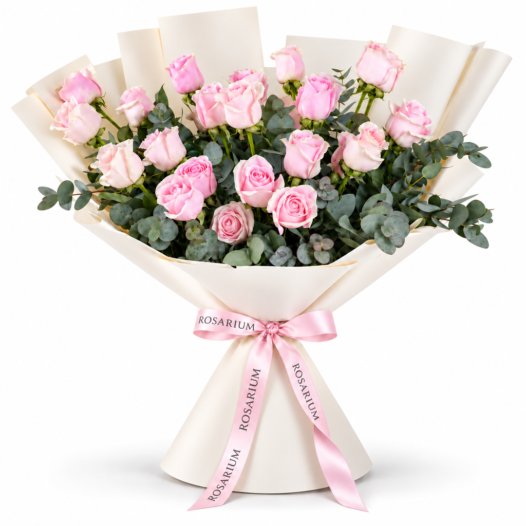 25 pink roses in off-white wrapping with a Rosarium ribbon